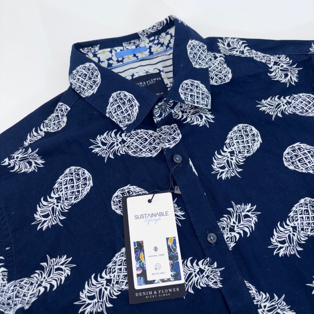 Denim & Flower Ricky Singh Mens Small Navy Blue Pineapple Short Sleeve Shirt NWT